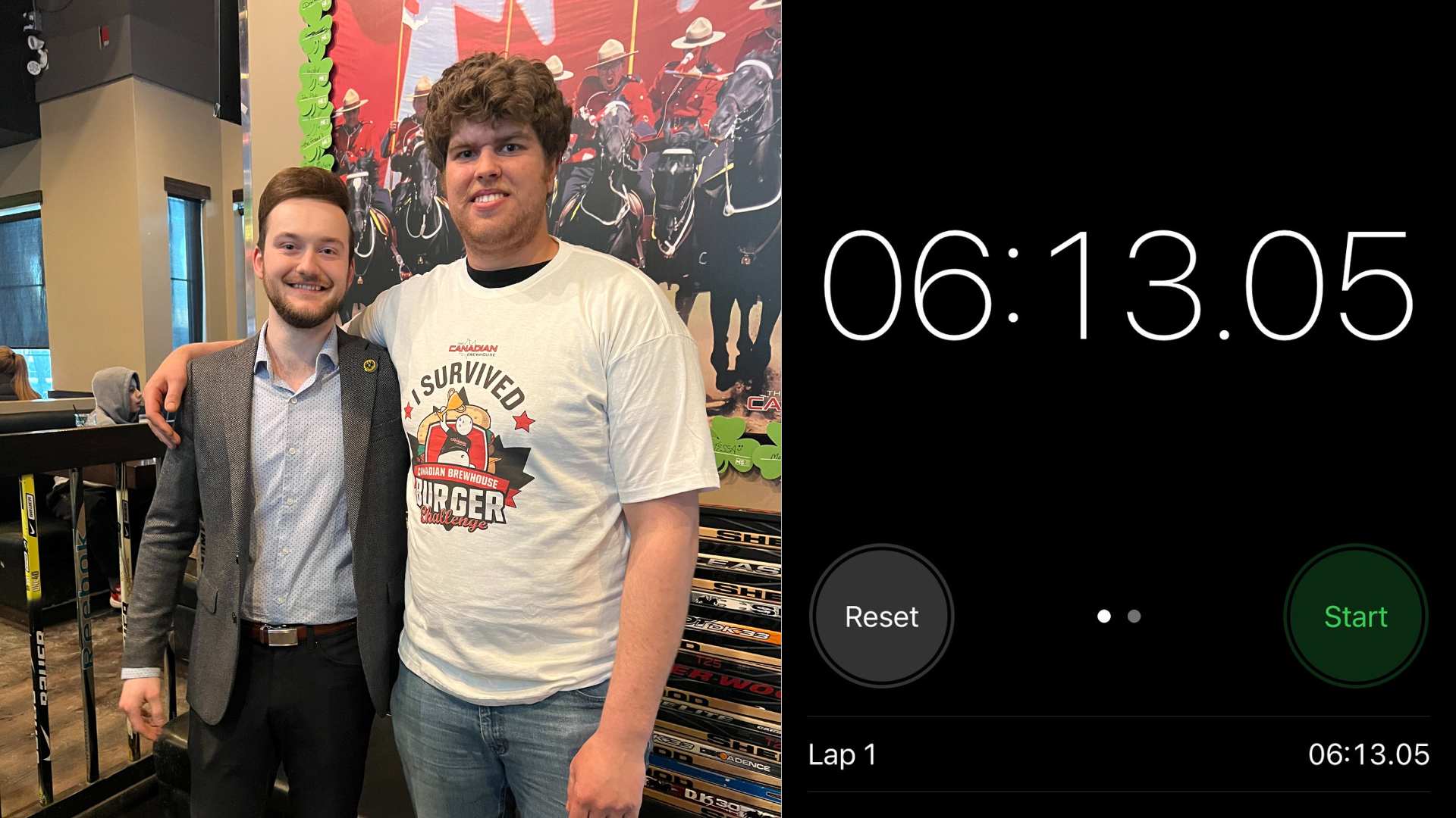 Photo of a customer who won the Great Canadian Burger Challenge and set the new record, posing with a manager. Stitched together with a screenshot of someone's stopwatch on their phone, showing a time of 06:13.05