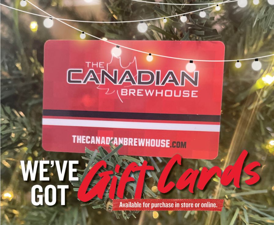 A red and black brewhouse giftcard sitting on a Christmas tree. We've got gift cards available for purchase in store or online.