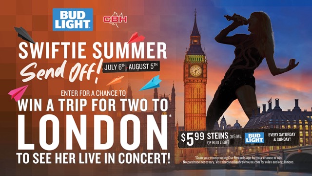 Swiftie Summer Send Off! July 6th - August 5th. Enter for a chance to win a trip for two to London to see her live in concert!