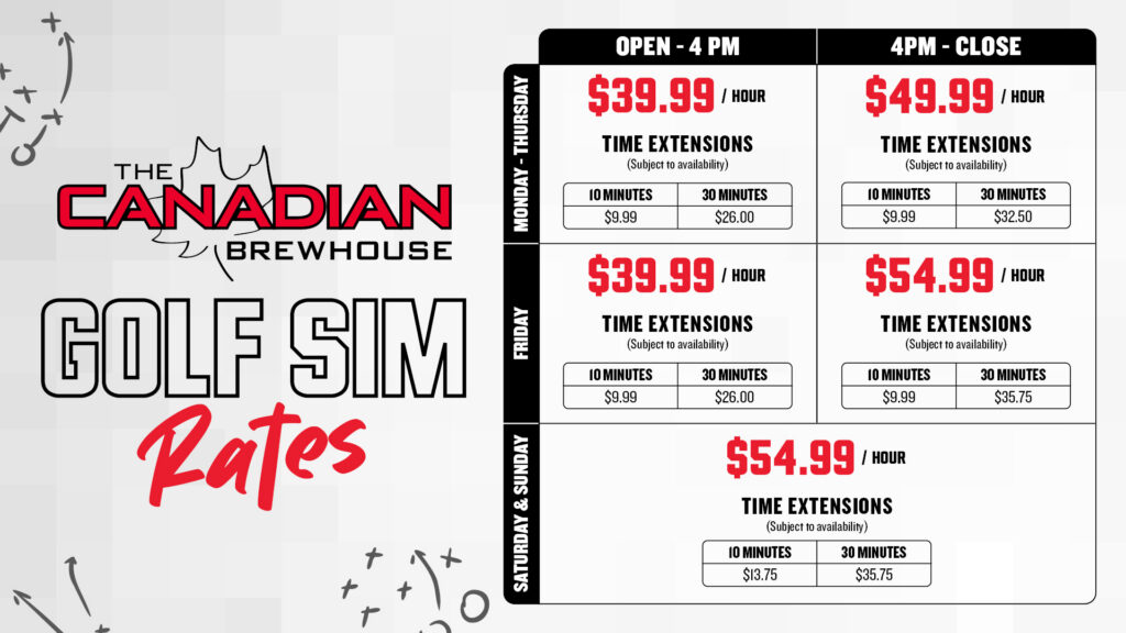 The Canadian Brewhouse Golf Sim winter rates, with hourly pricing starting at $39.99 Monday through Friday.