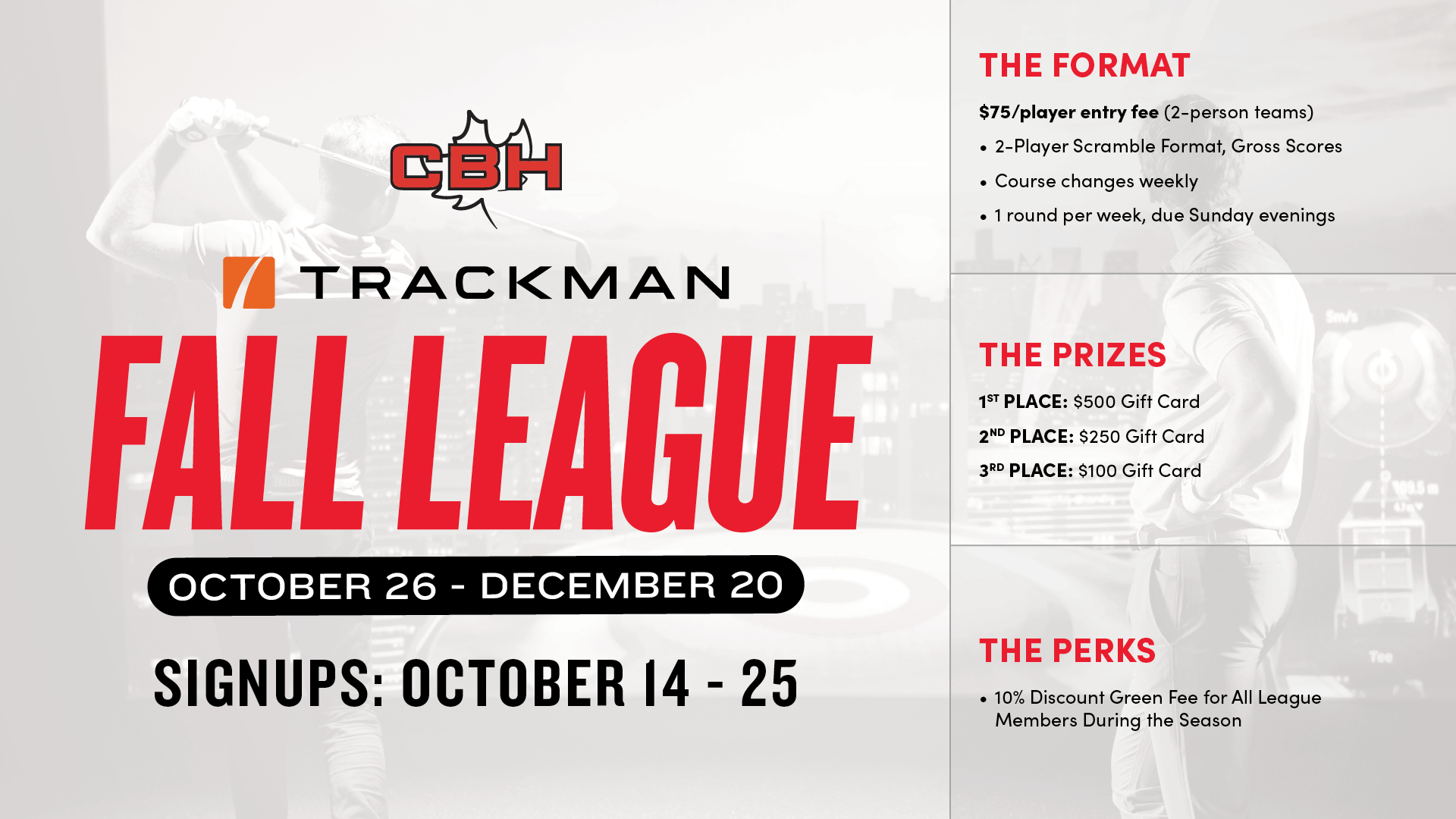 The Canadian Brewhouse TrackMan Fall Golf League, running October 26–December 20, with signups October 14–25 and gift card prizes up to $500.