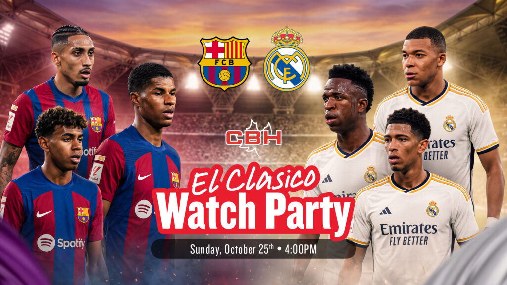 El Clásico Watch Party graphic featuring Barcelona and Real Madrid players, promoting the match at The Canadian Brewhouse on Sunday, October 25 at 4 PM.