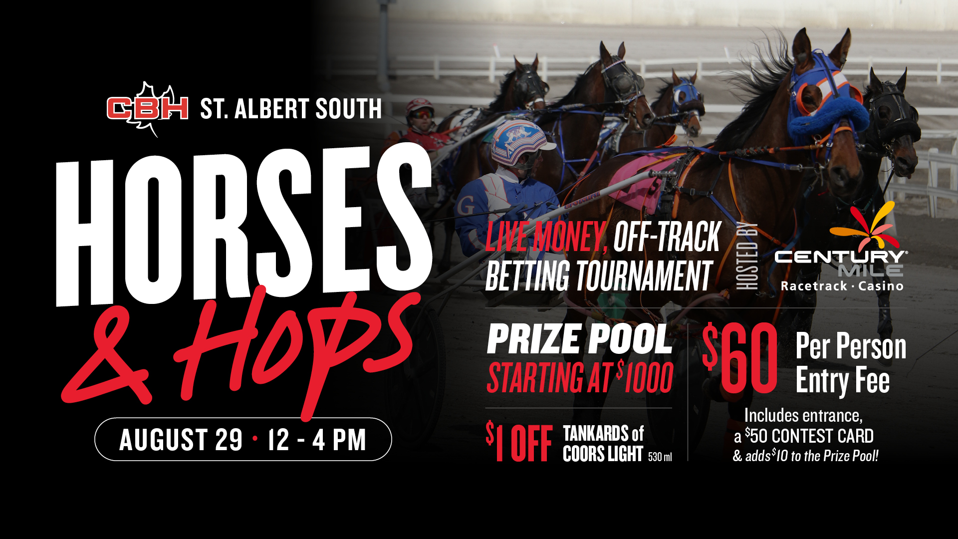 Horses & Hops Handicapping Tournament at The Canadian Brewhouse St. Albert South on August 29 from 12:00 PM to 4:00 PM.