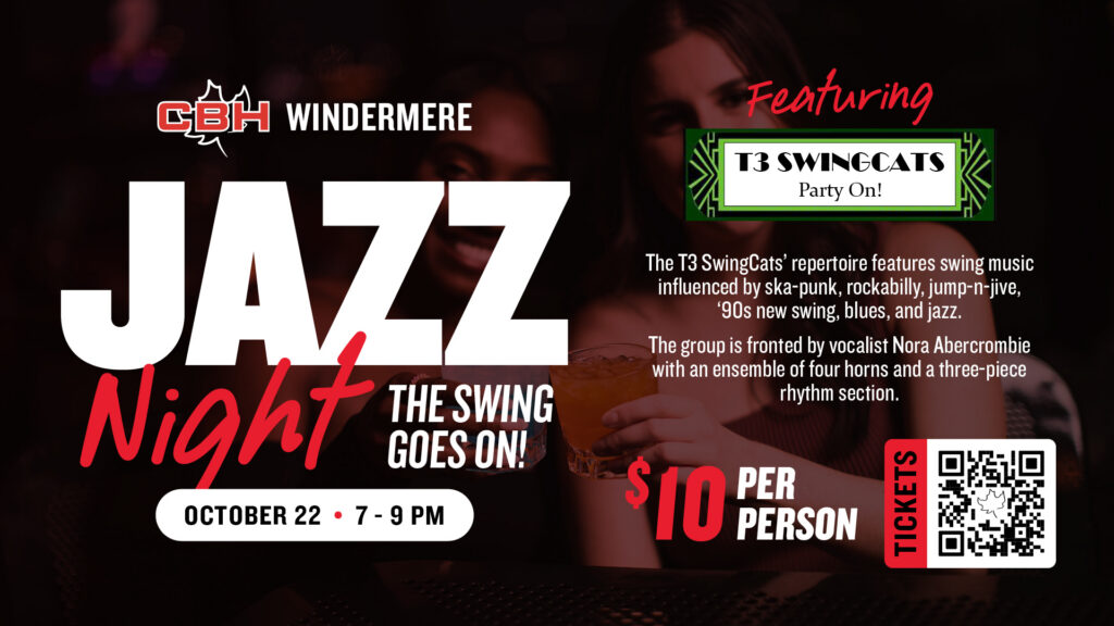 Jazz Night at The Canadian Brewhouse Windermere featuring T3 SwingCats on October 22 from 7–9 PM, with tickets for $10 per person.
