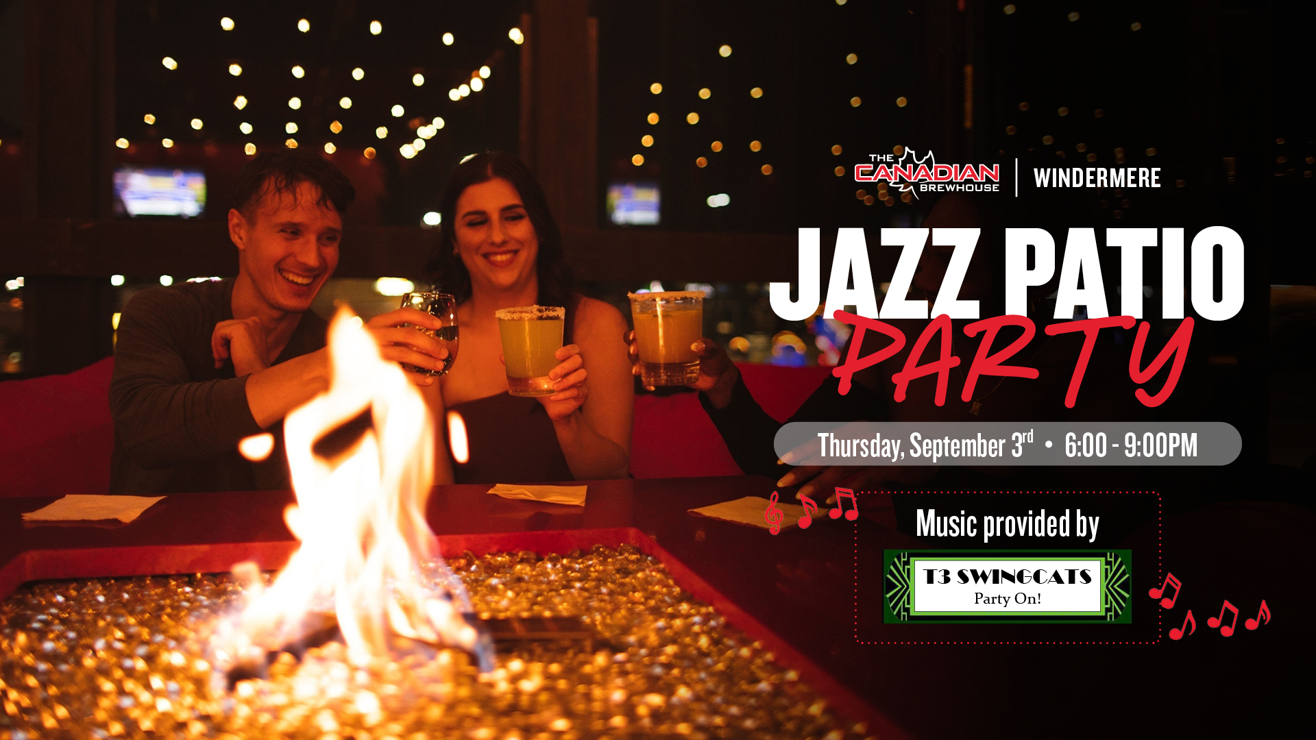 Jazz Patio Party at The Canadian Brewhouse Windermere on September 3, featuring live music by T3 Swingcats.