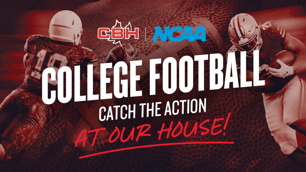 College Football - Catch the Action at Our House graphic featuring two football players.