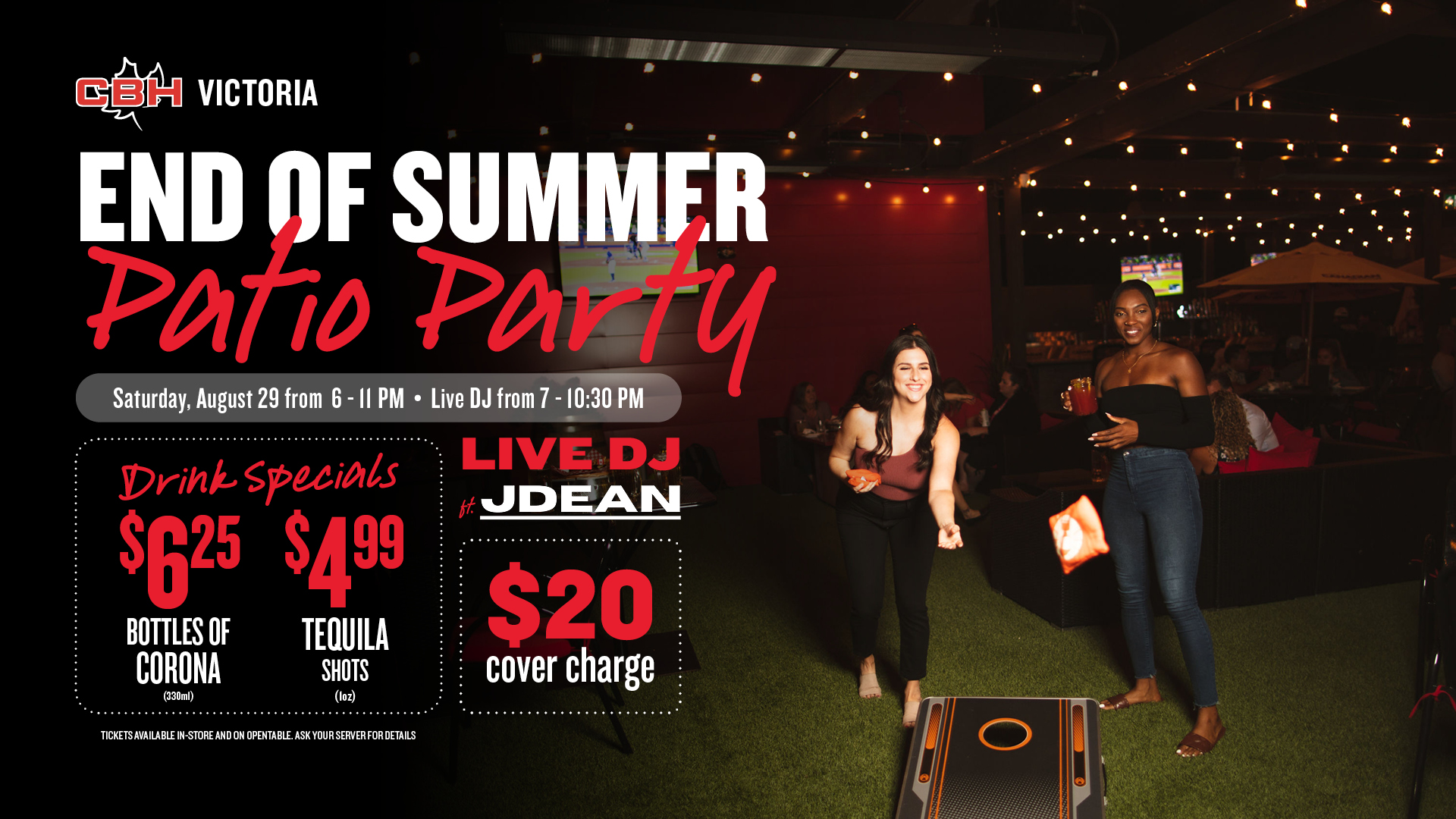 End of Summer Patio Party at The Canadian Brewhouse Victoria on August 29, featuring a live DJ, drink specials, and patio games.