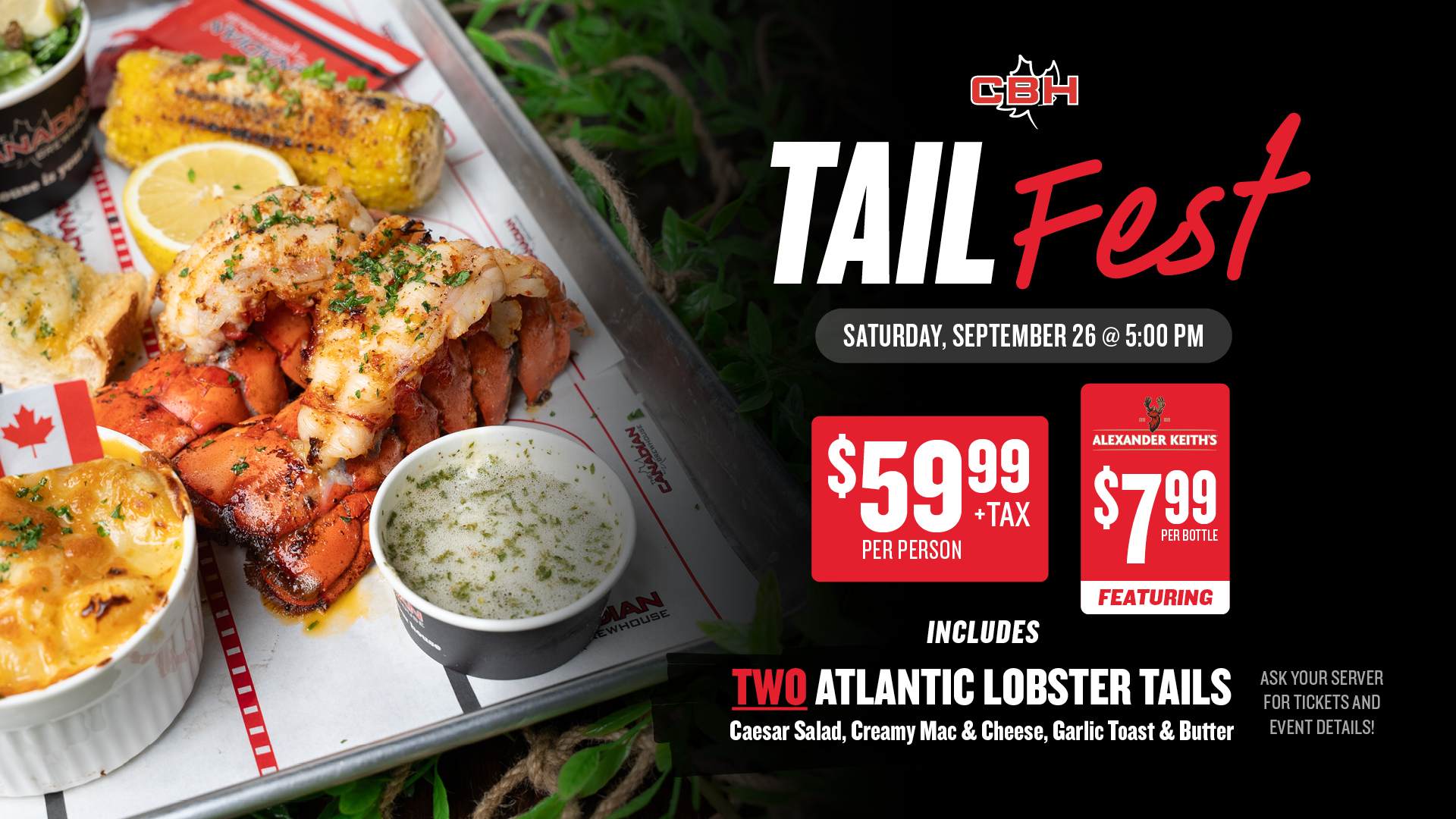 Tail Fest at The Canadian Brewhouse featuring two Atlantic lobster tails with sides, happening Saturday, September 26 at 5 PM.