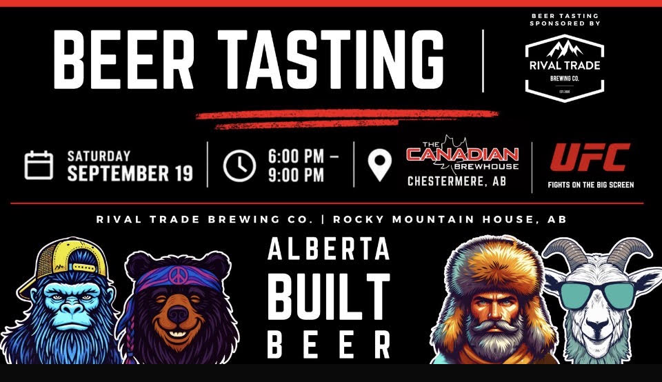 Beer Tasting graphic for The Canadian Brewhouse Chestermere featuring Rival Trade Brewing Co., Saturday, September 19 from 6–9 PM, with UFC fights on the big screen.