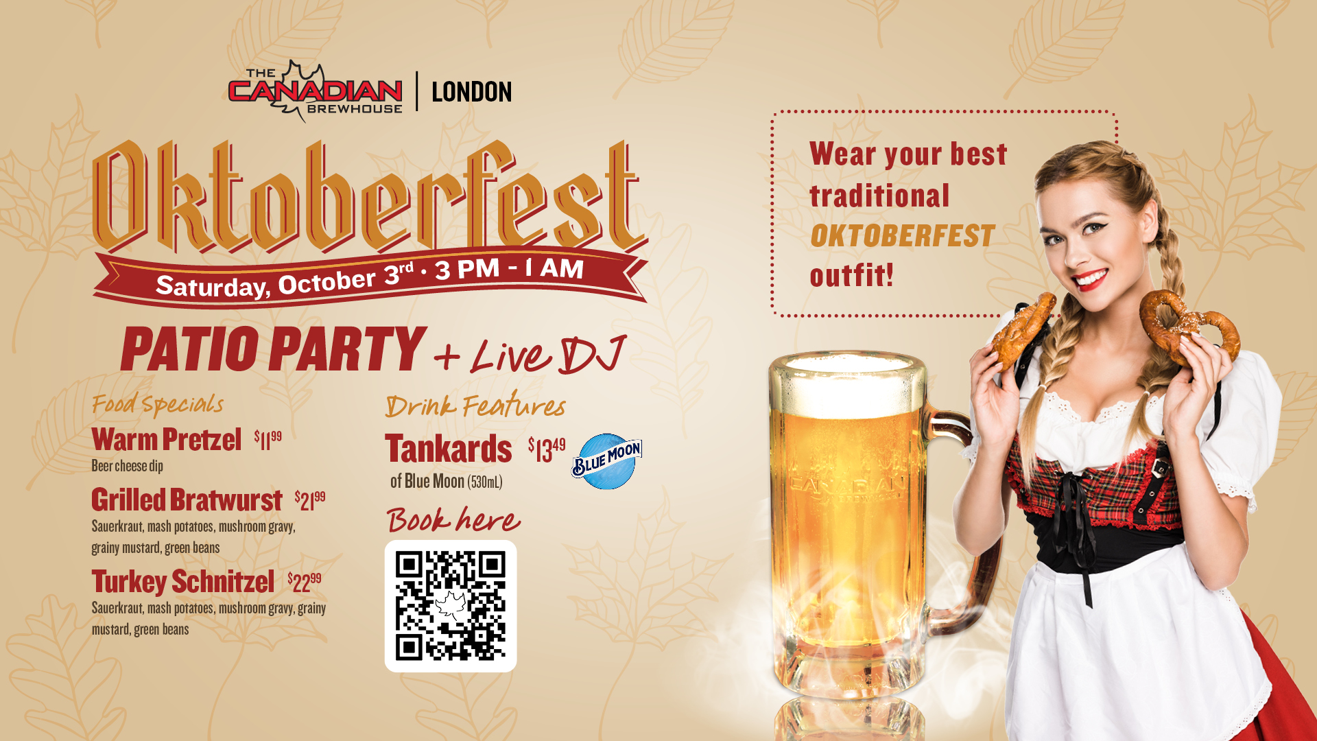 Oktoberfest Patio Party at The Canadian Brewhouse London on Saturday, October 3 from 3PM–1AM, featuring a live DJ, food specials and Blue Moon Tankards.