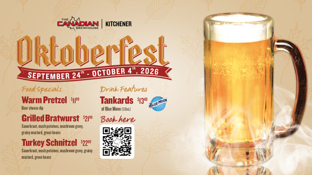 Oktoberfest promotional graphic for The Canadian Brewhouse Kitchener showing a large beer Tankard, September 24–October 4 dates, Blue Moon Tankards and three food specials.