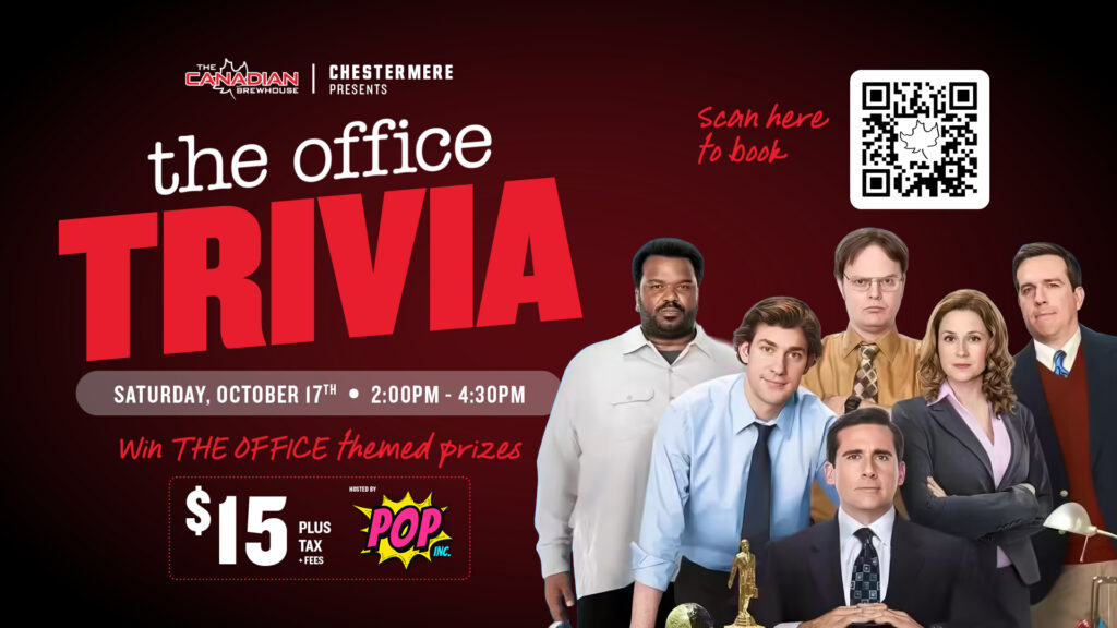 The Office Trivia at The Canadian Brewhouse Chestermere on Saturday, October 17 from 2–4:30 PM, with themed prizes and $15 admission.