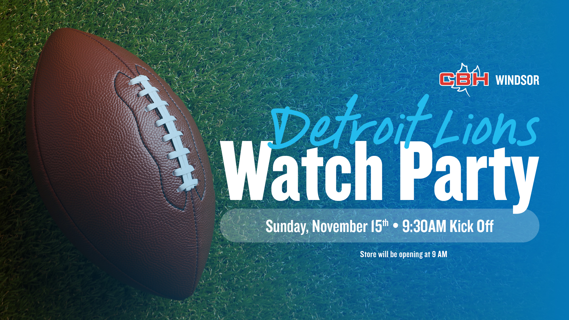 Detroit Lions Watch Party at The Canadian Brewhouse Windsor on Sunday, November 15, with kickoff at 9:30 AM and doors opening at 9 AM.