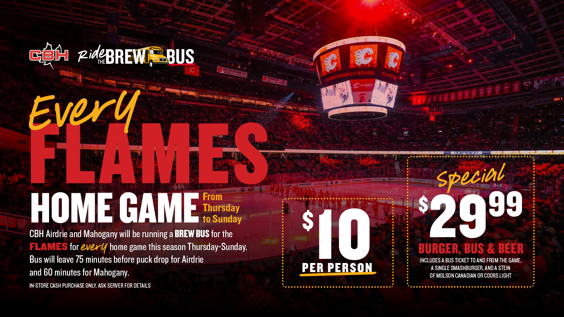Flames Brew Bus at The Canadian Brewhouse Airdrie and Mahogany, offering $10 round-trip rides to Calgary Flames home games and a $29.99 Burger, Bus & Beer special.
