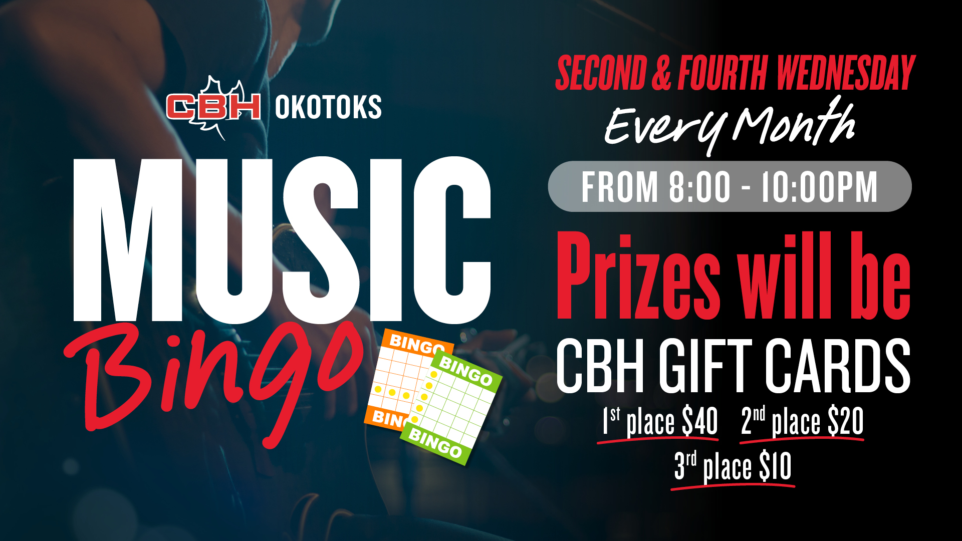 Music Bingo at The Canadian Brewhouse Okotoks, every second and fourth Wednesday from 8–10 PM with CBH gift card prizes.
