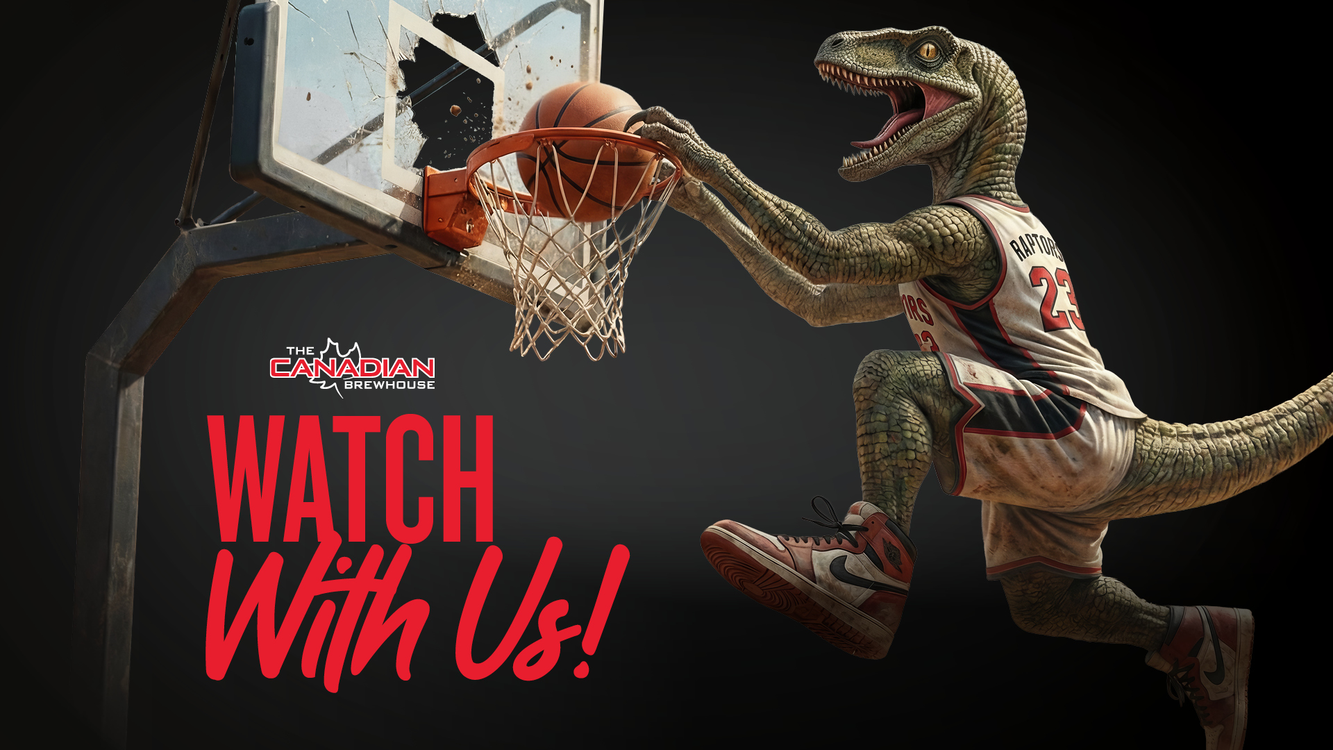 Toronto Raptors Watch Party at The Canadian Brewhouse, featuring a dinosaur in a Raptors jersey dunking a basketball with the text “Watch With Us!”